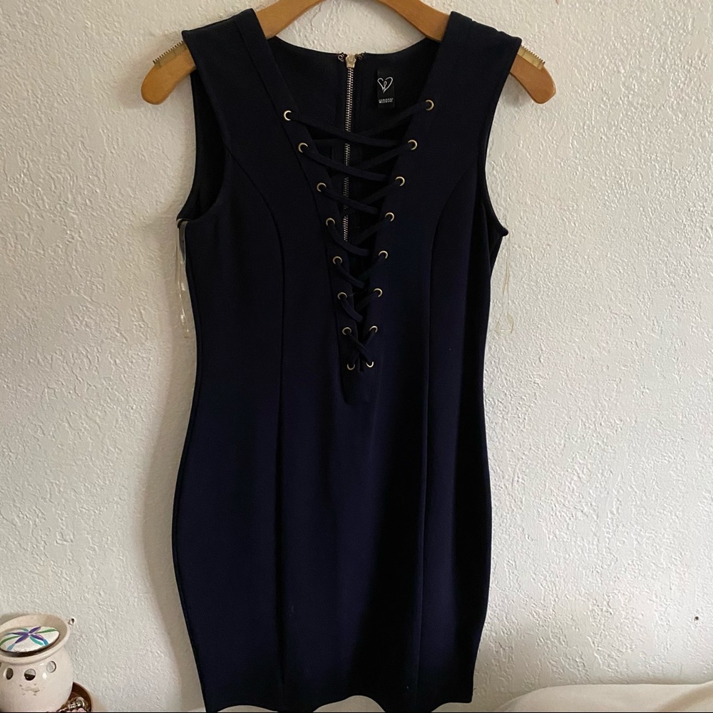 Windsor bodycon navy dress with gold details